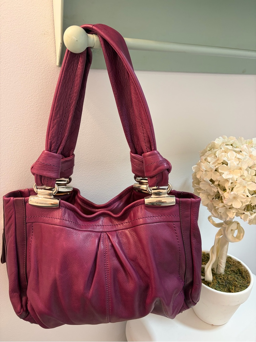 B. Makowsky Plum Leather Shoulder Bag with Silver-Tone Accents NWOT - Picture 13 of 13